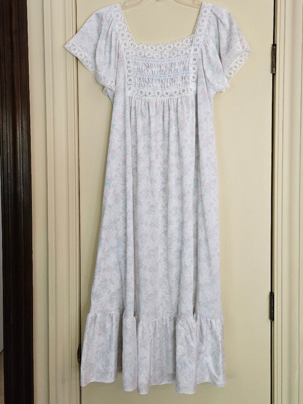 Cotton Nightgown Size M Smoked Floral Print Pink & Green